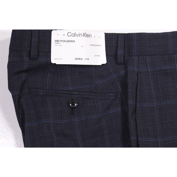 Calvin Klein Gray Blue Windowpane Plaid Flat Front Wool Dress Pants 32 New! - Picture 3 of 6